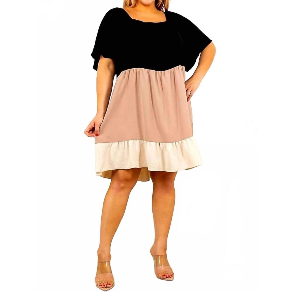 NEW SPIN USA flora tiered mini dress - plus in black/mocha/natural